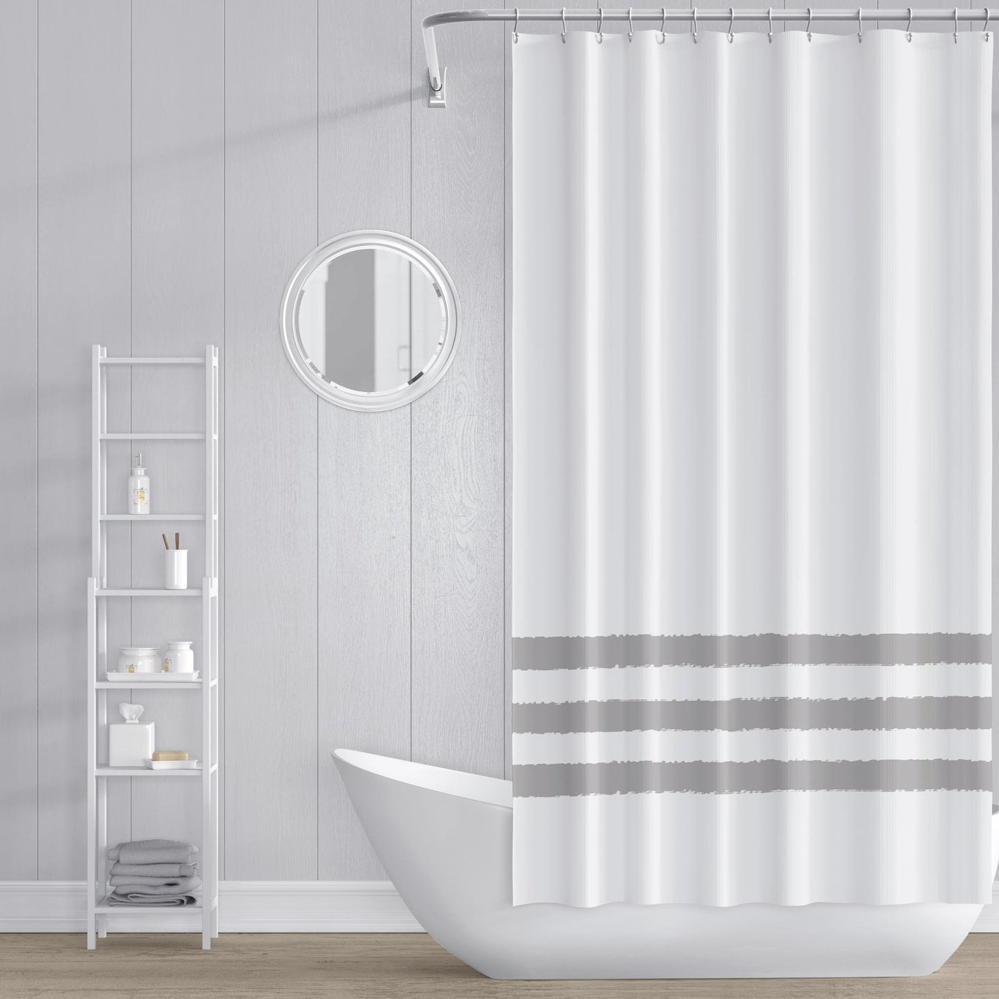 White Shower Curtain with Grey Hand-painted Stripe Print | SC-1171-133