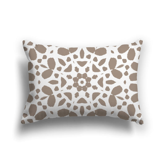 White Throw Pillow with a Medium Brown Circular Graphic on Both Sides | Faux Suede | 20 x 14 inches