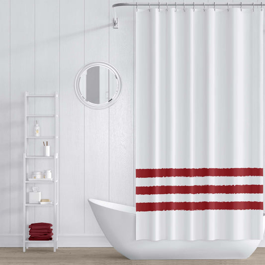 White Shower Curtain with Deep Red Hand-painted Stripe Print | SC-1191-100