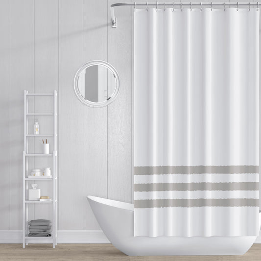 White Shower Curtain with Taupe Hand-painted Stripe Prints | SC-1192-500