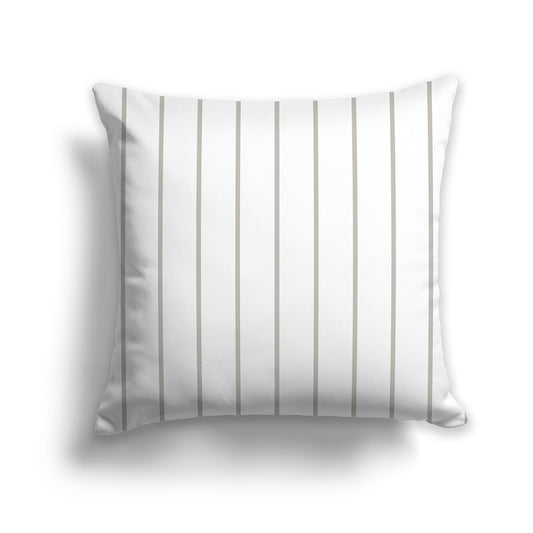 White Throw Pillow with Fine Vertical Taupe Stripes on Front | Faux Suede | 14 x 14 inches