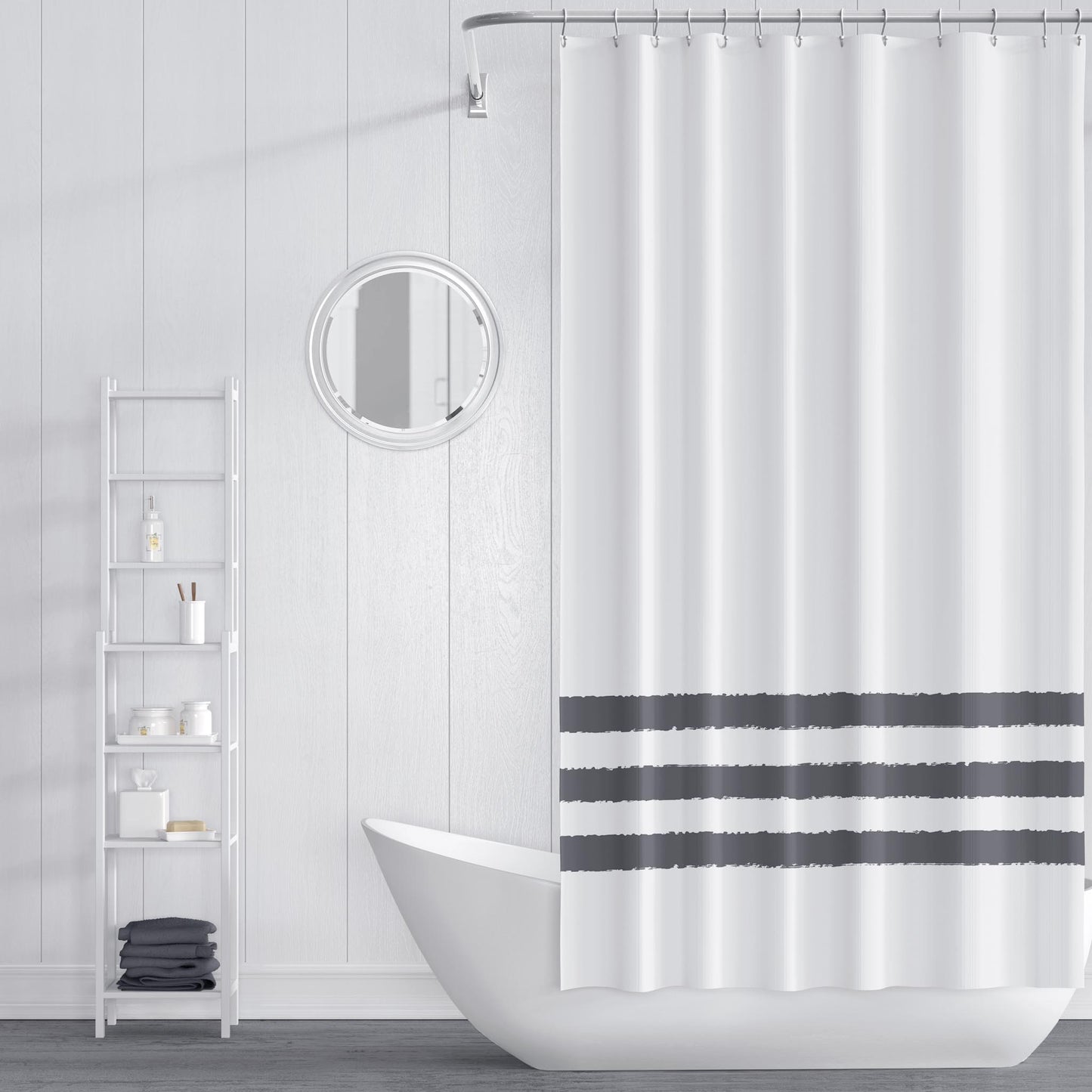 White Shower Curtain with Grey Hand-painted Stripe Print | SC-1201-167