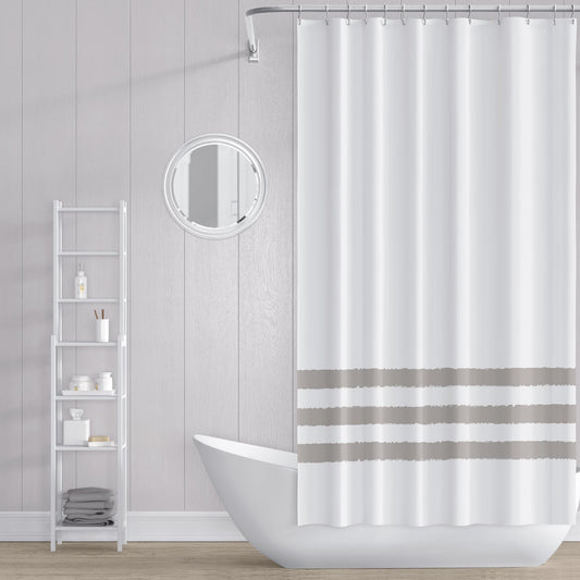 White Shower Curtain with Taupe Hand-painted Stripe Print | SC-1202-200