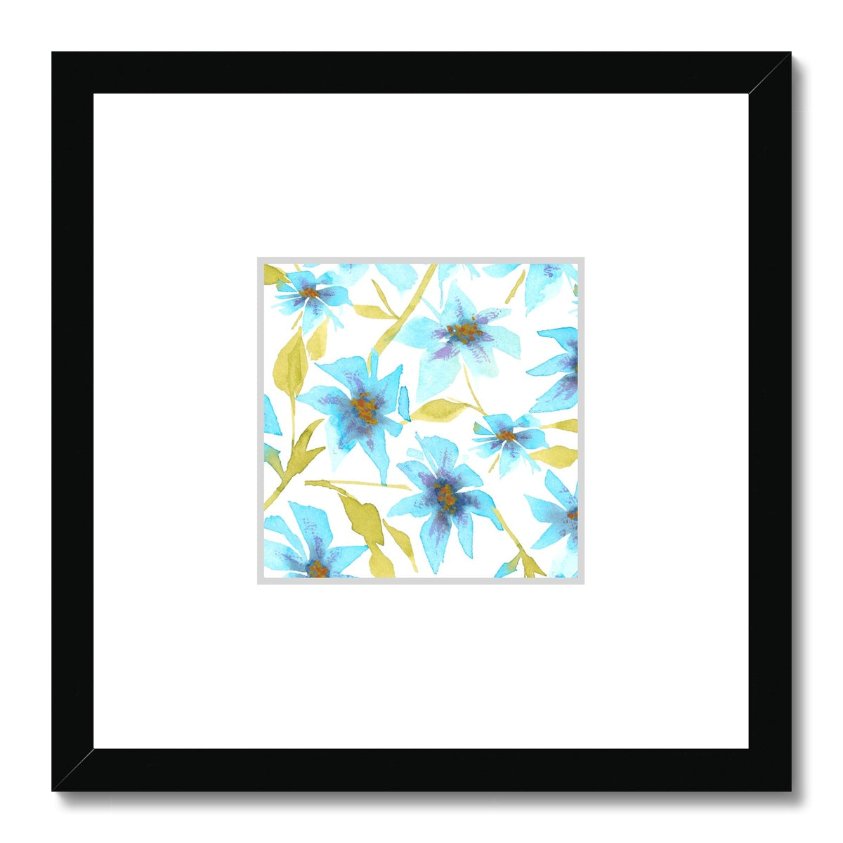 Framed Fine Art Print, Faux Mat - 12x12 inches | Blue Floral Watercolor, fms-1430-002
