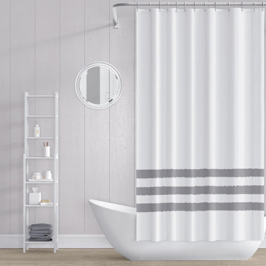 White Shower Curtain with Grey Hand-painted Stripe Print | SC-1203-133