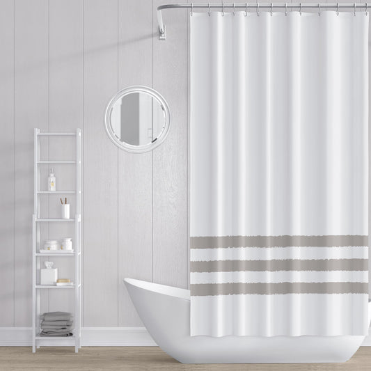 White Shower Curtain with Taupe Hand-painted Stripe Print | SC-1203-200