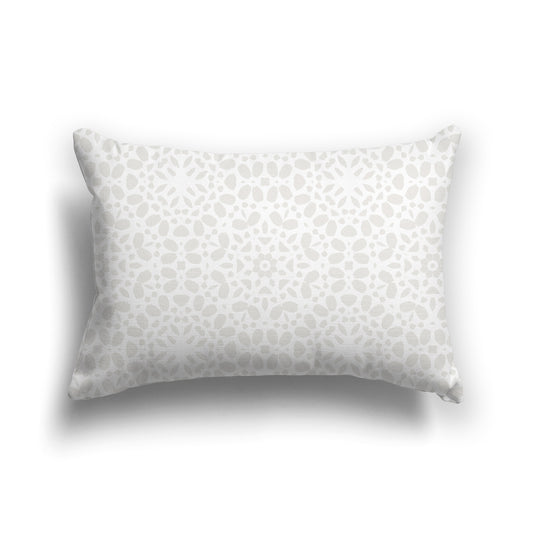 White Throw Pillow with Circular Light Taupe Repeat Graphic on Both Sides | Faux Suede | 20 x 14 inches
