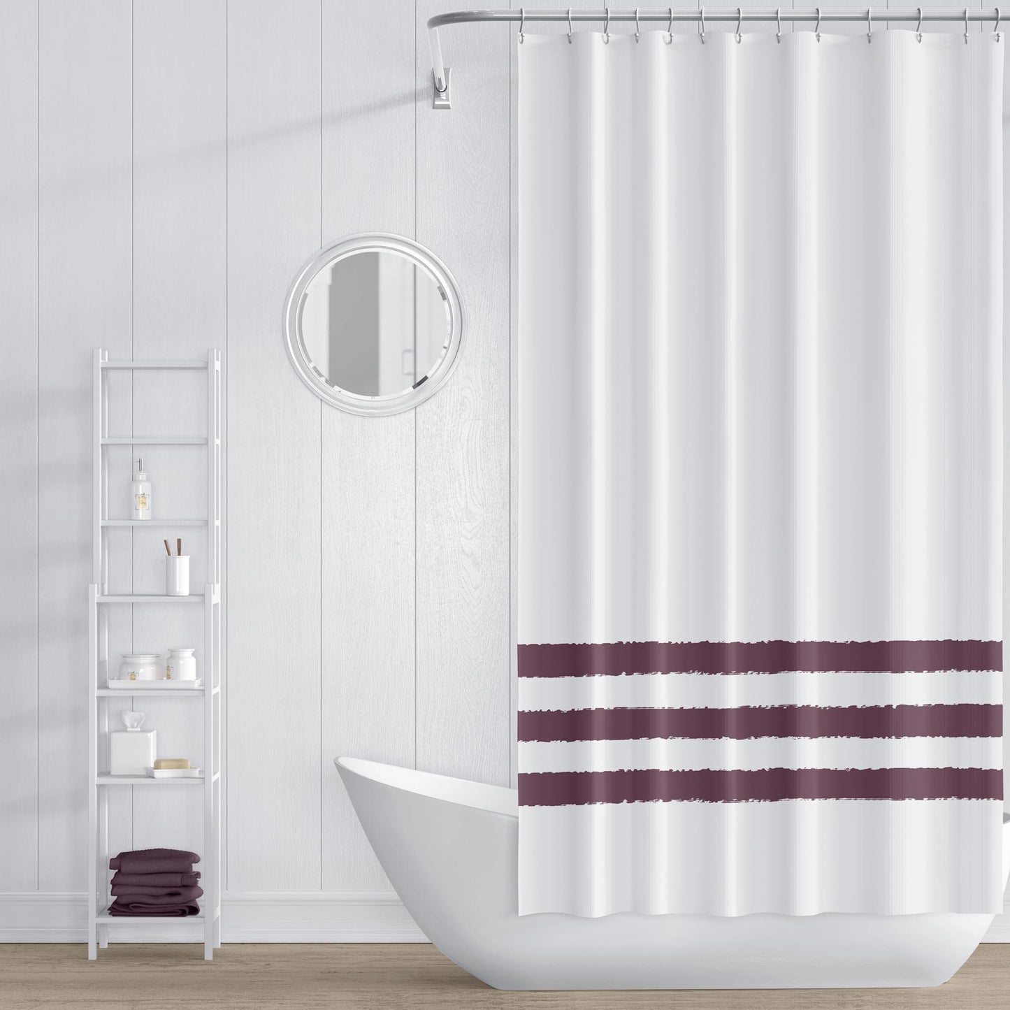 White Shower Curtain with Plum Hand-painted Stripe Print | SC-1211-100