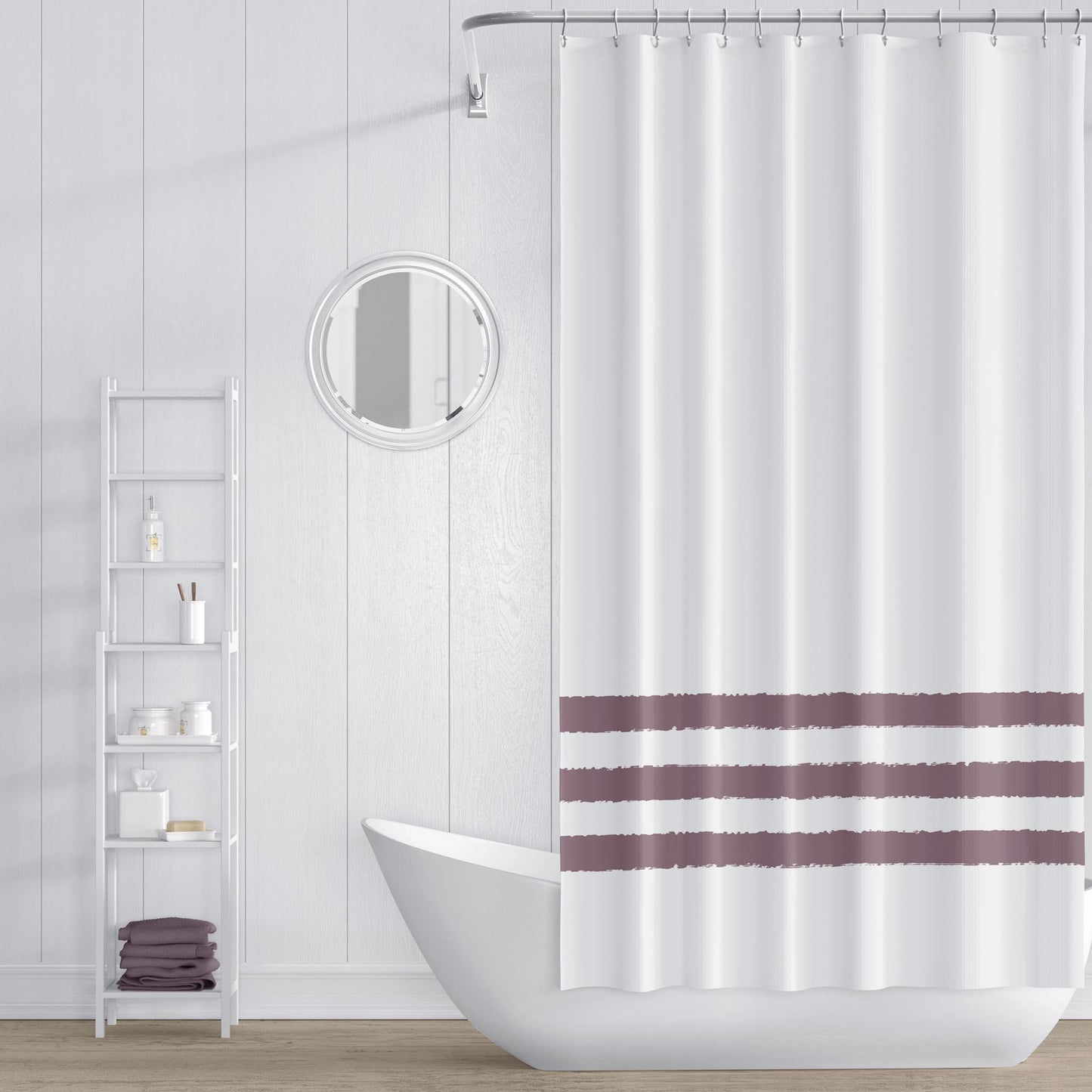 White Shower Curtain with Medium Plum Hand-painted Stripe Print | SC-1211-167