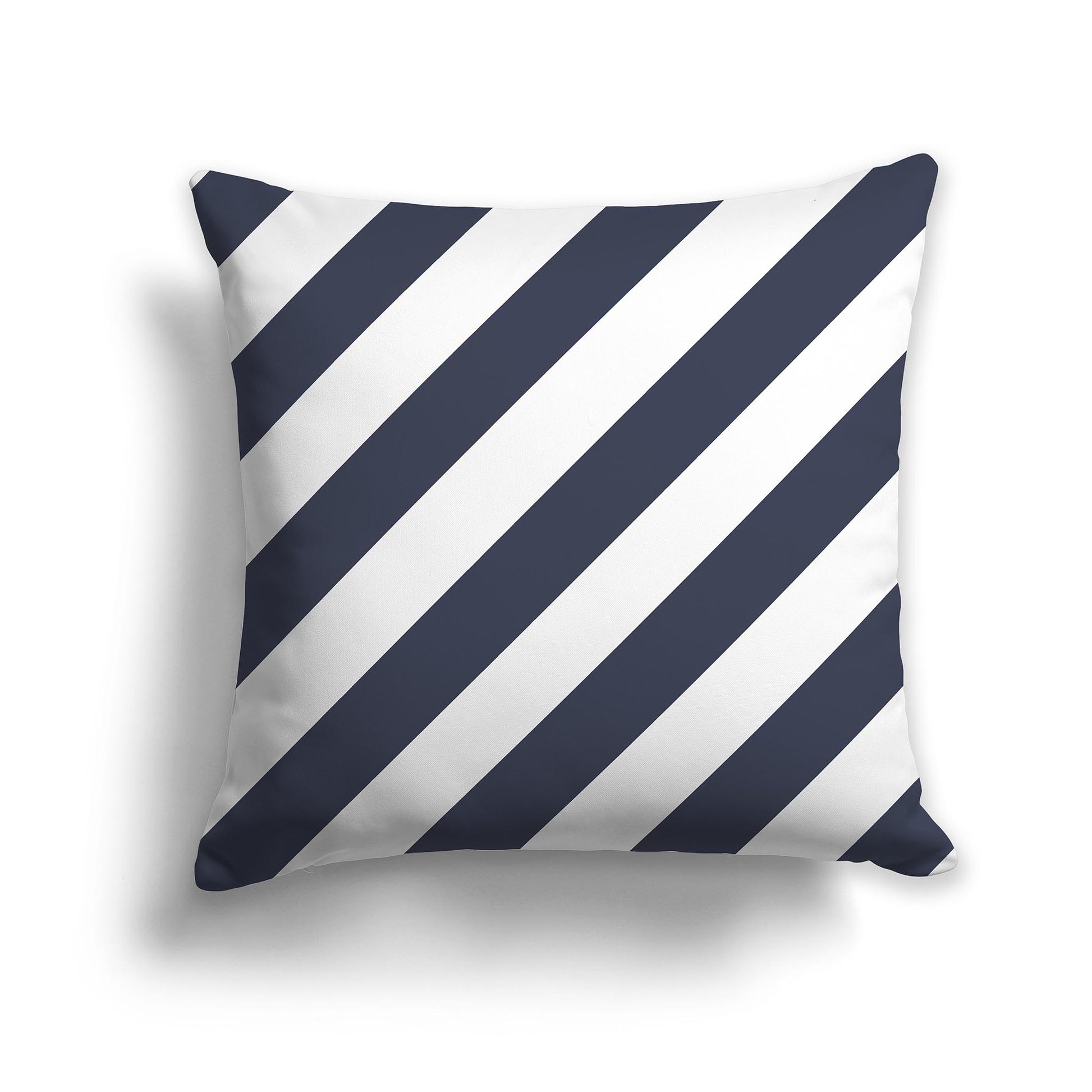 Square Throw Pillow with Dark Blue and White Diagonal Bars