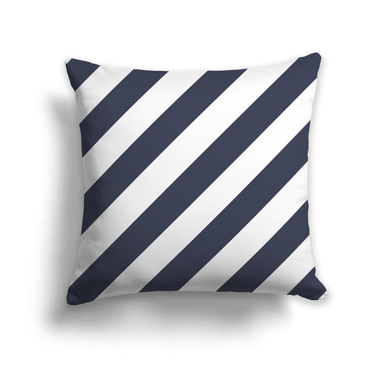 Square Throw Pillow with Dark Blue and White Diagonal Bars