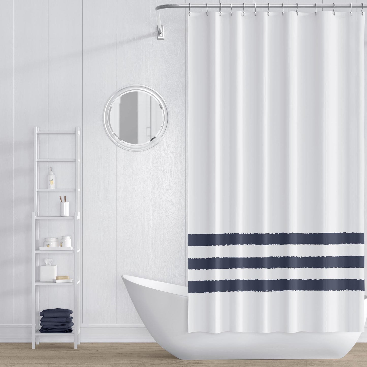 White Shower Curtain with Dark Blue Hand-painted Stripe Print | SC-1212-300