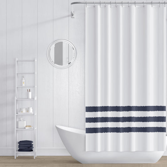 White Shower Curtain with Dark Blue Hand-painted Stripe Print | SC-1212-300