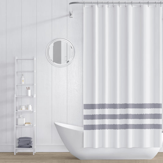 White Shower Curtain with Grey Hand-painted Stripe Print | SC-1212-333
