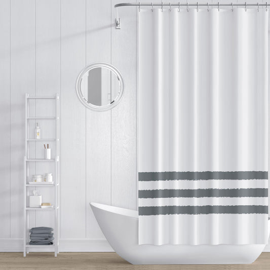 White Shower Curtain with Grey-green Hand-painted Stripe Print | SC-1213-467