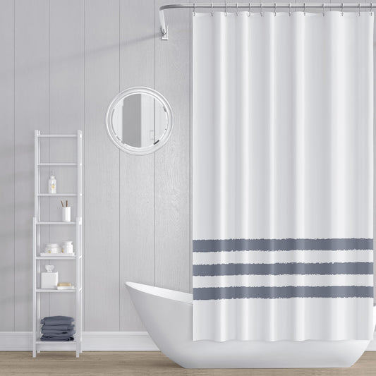 White Shower Curtain with Grey Hand-painted Stripe Print | SC-1221-200