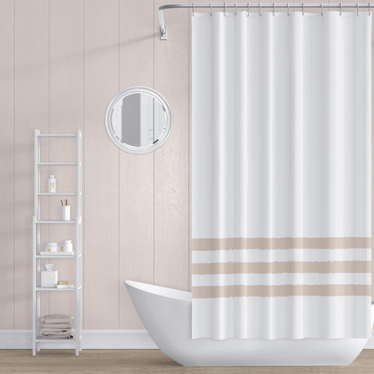 White Shower Curtain with Pale Caramel Hand-painted Stripe Print | SC-1222-333
