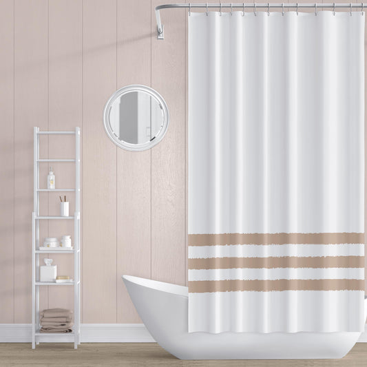White Shower Curtain with Light Caramel Hand-painted Stripe Print | SC-1222-367