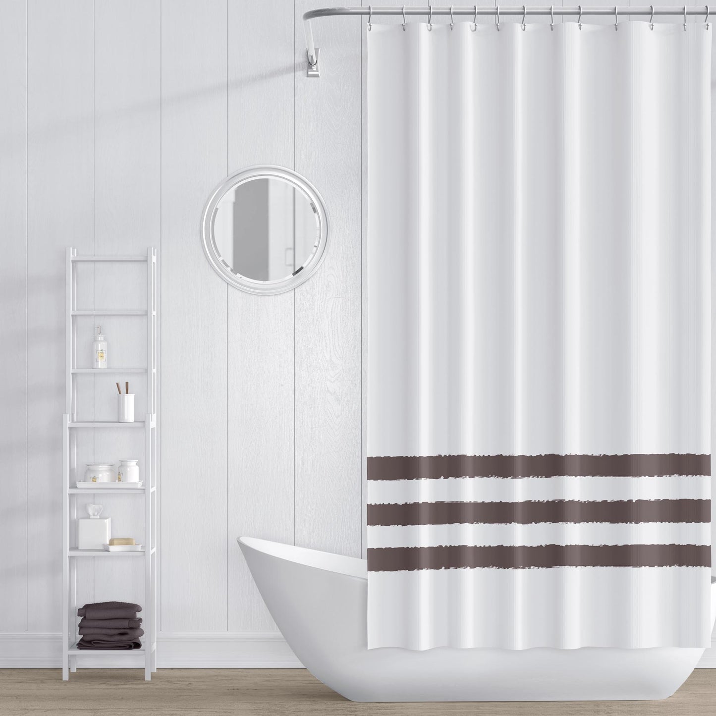 White Shower Curtain with Brown Hand-painted Stripe Print | SC-1222-400