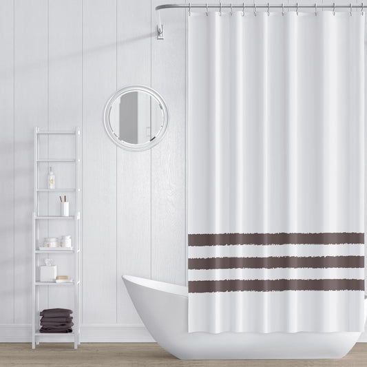 White Shower Curtain with Brown Hand-painted Stripe Print | SC-1222-400