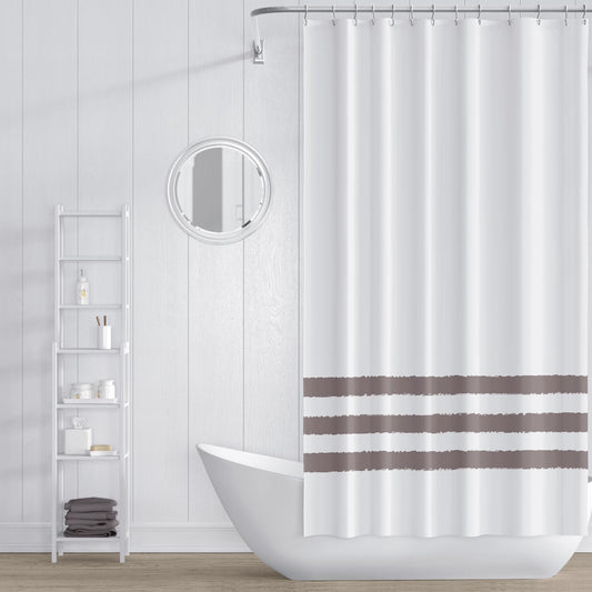 White Shower Curtain with Medium Brown Hand-painted Stripe Print | SC-1222-467