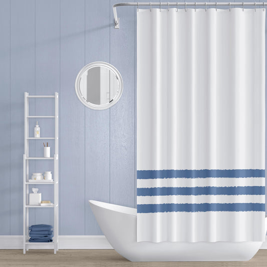 White Shower Curtain with Blue Hand-painted Stripe Print | SC-1231-100