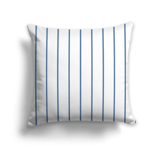 White Throw Pillow with Fine Vertical Blue Stripes on Front | Faux Suede | 14 x 14 inches