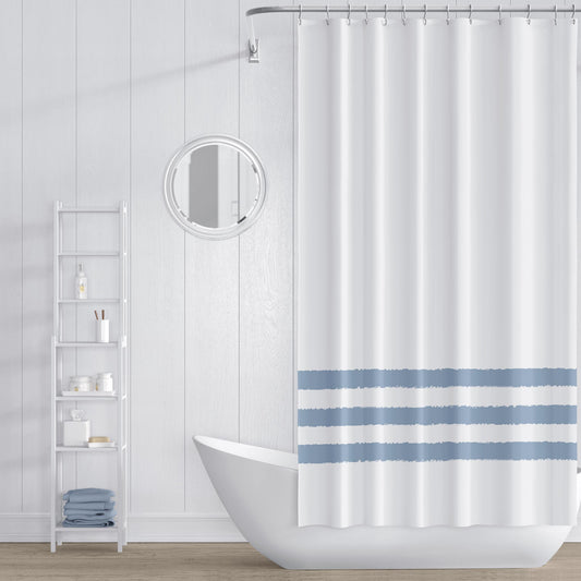 White Shower Curtain with Medium Blue Hand-painted Stripe Print | SC-1231-200