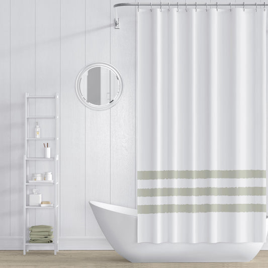 White Shower Curtain with Pale Green Hand-painted Stripe Print | SC-1241-400
