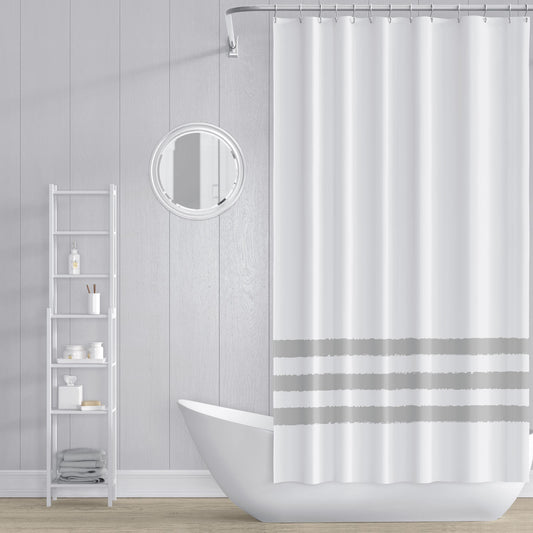 White Shower Curtain with Grey-green Hand-painted Stripe Print | SC-1242-300