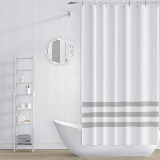 White Shower Curtain with Grey-green Hand-painted Stripe Print | SC-1243-300