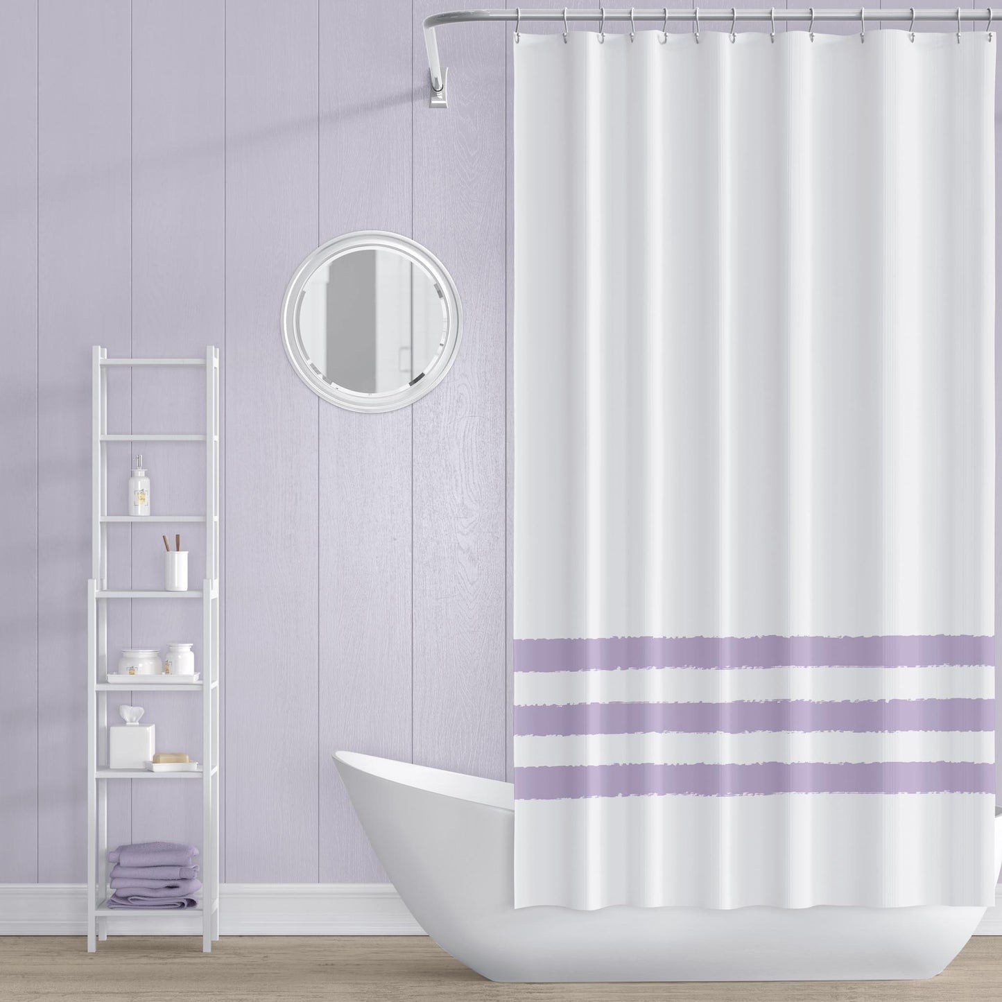 White Shower Curtain with Mauve Hand-painted Stripe Print | SC-1251-150