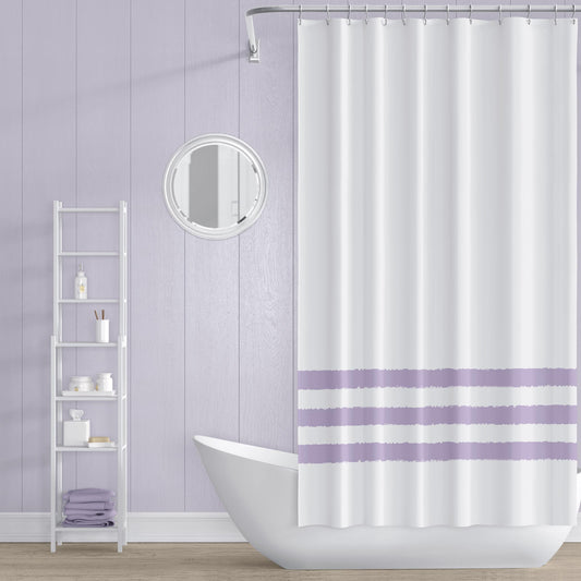 White Shower Curtain with Mauve Hand-painted Stripe Print | SC-1251-150