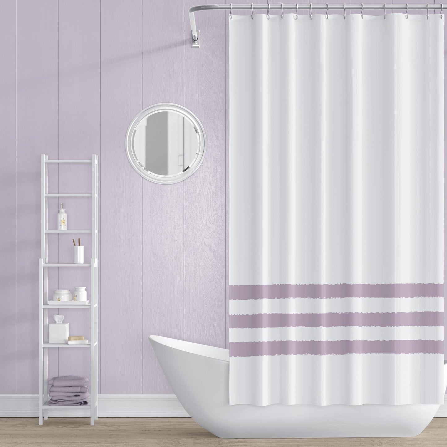 White Shower Curtain with Mauve Hand-painted Stripe Print | SC-1252-200