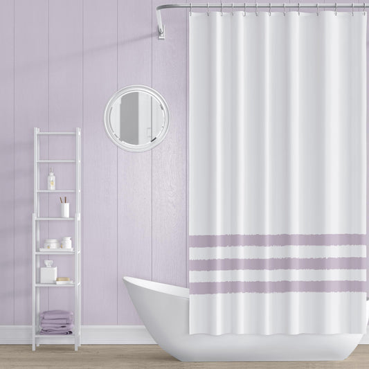 White Shower Curtain with Light Mauve Hand-painted Stripe Print | SC-1252-267