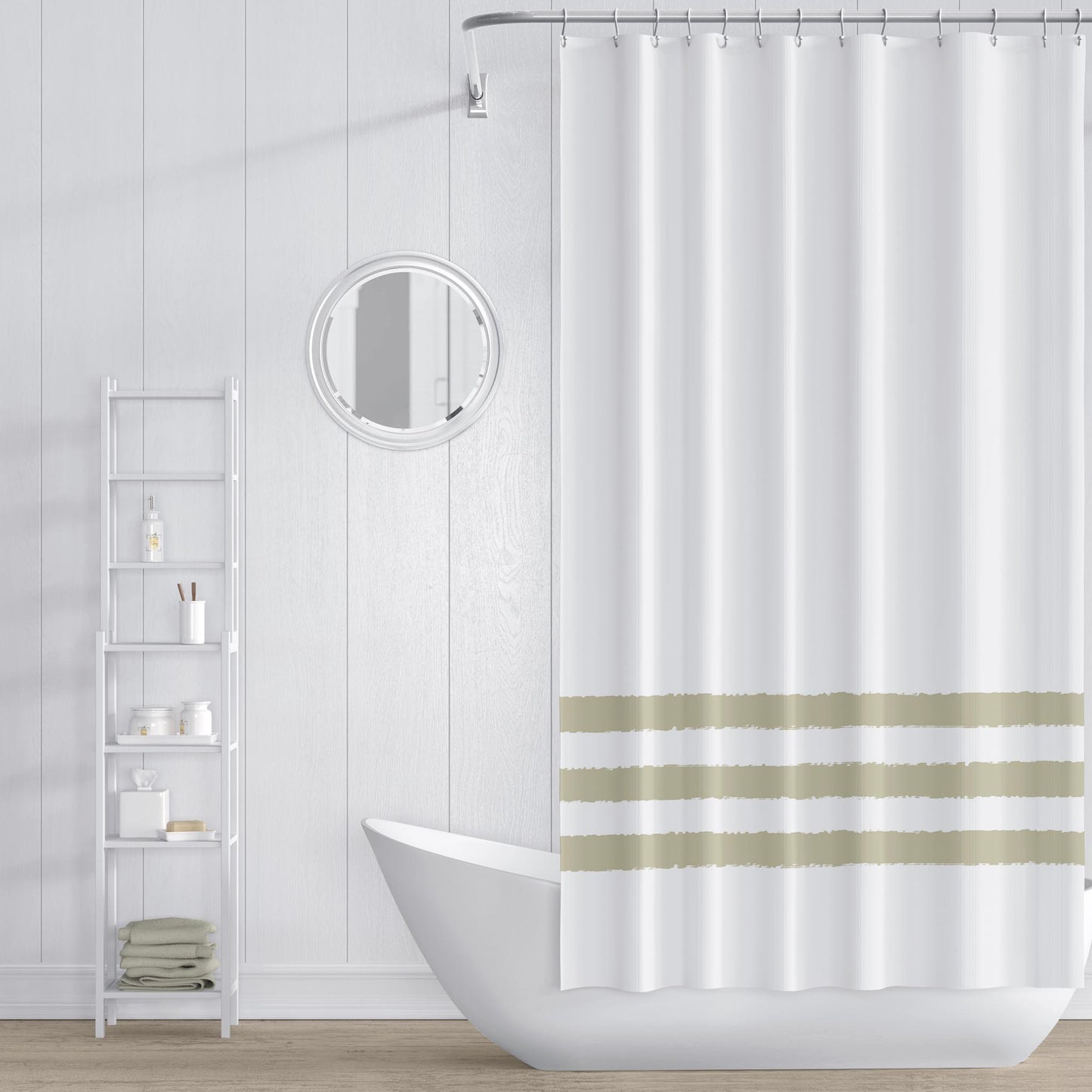 White Shower Curtain with Green Hand-painted Stripe Print | SC-1255-367