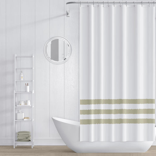White Shower Curtain with Green Hand-painted Stripe Print | SC-1255-367