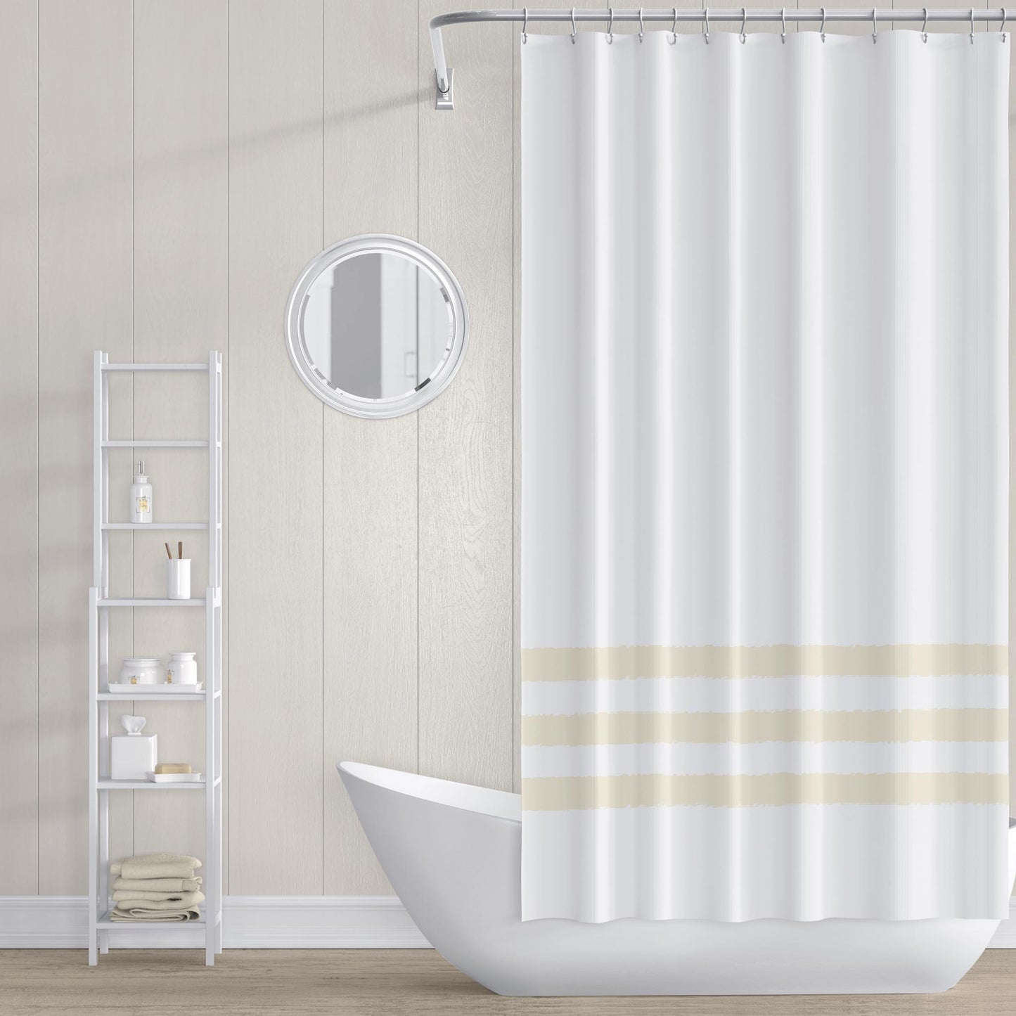 White Shower Curtain with Yellow Hand-painted Stripe Print | SC-1255-467