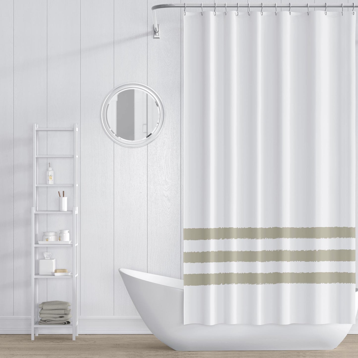 White Shower Curtain with Pastel Green Hand-painted Stripe Print | SC-1263-267