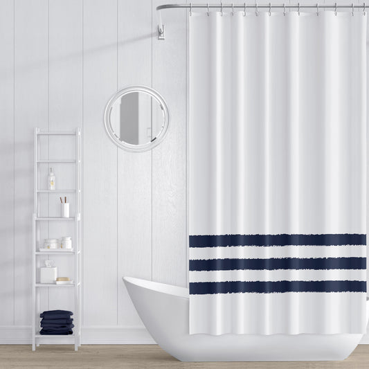 White Shower Curtain with Navy Blue Hand-painted Stripe Print | SC-1271