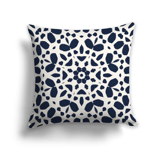 Square Throw Pillow with Large Navy Blue and Cream Circular Graphic