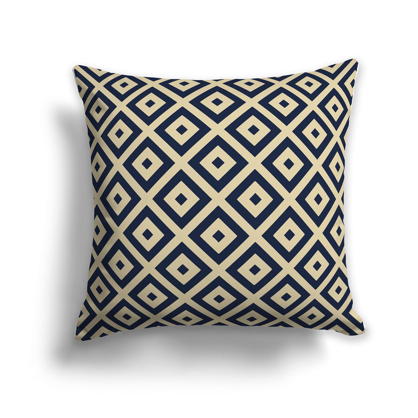 14 inch Throw Pillow with Navy Blue and Desert Sand Square Repeat Pattern