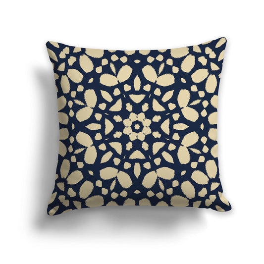 Square Throw Pillow with Large Navy Blue and Desert Sand Circular Graphic