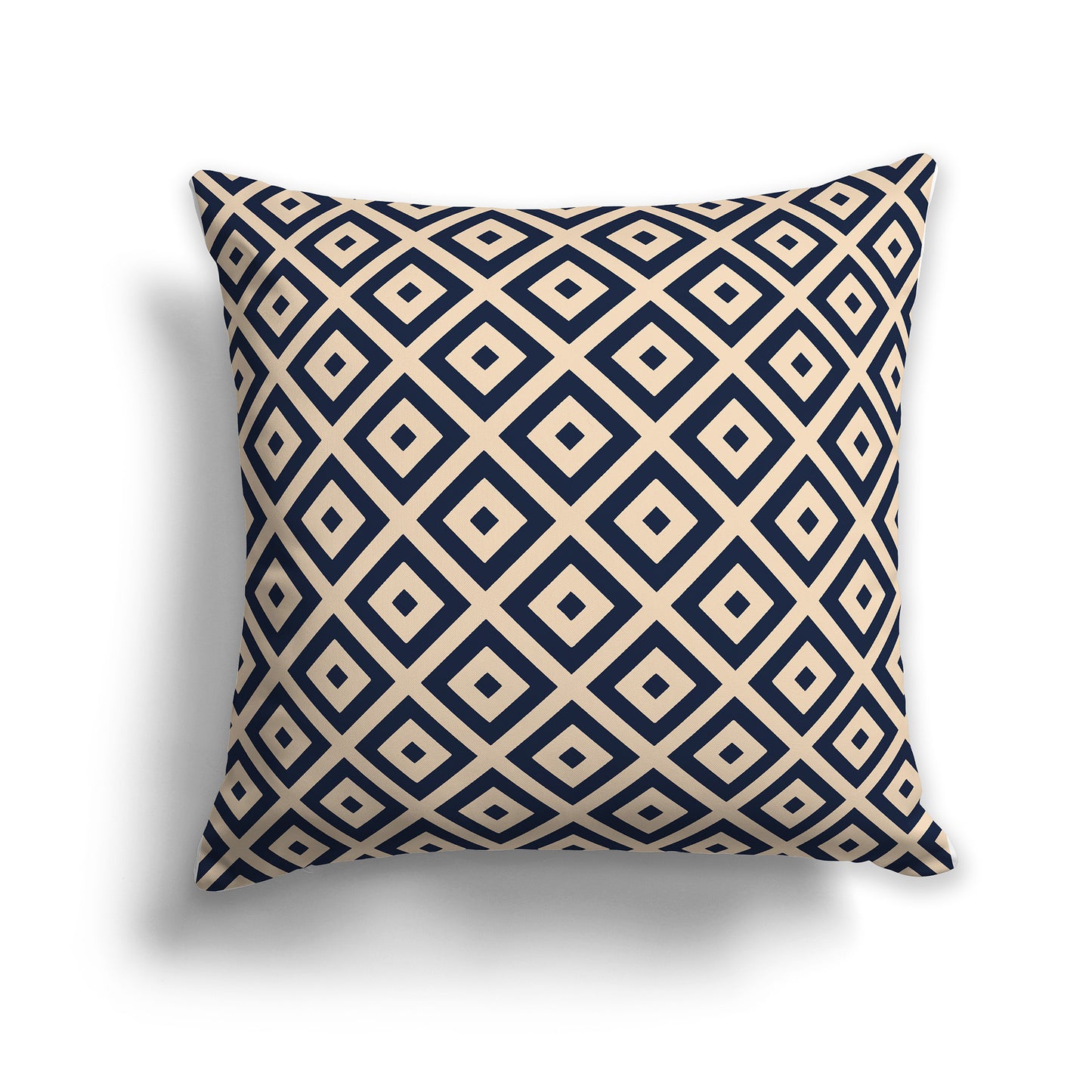 16 inch Throw Pillow with Navy Blue and Beige Square Repeat Pattern