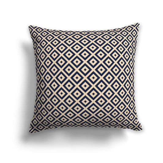 26 inch Throw Pillow with Navy Blue and Beige Square Repeat Pattern