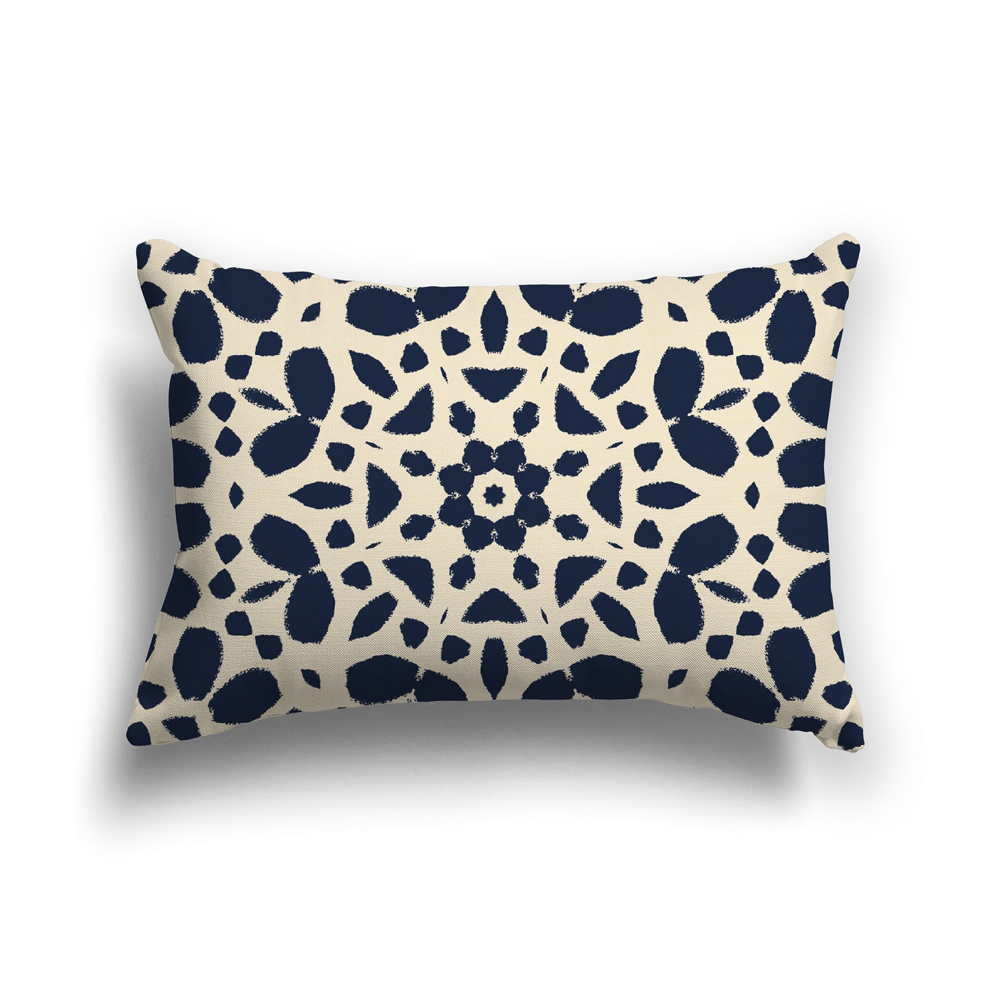 Lumbar Throw Pillow with Large Navy Blue and Beige Circular Graphic