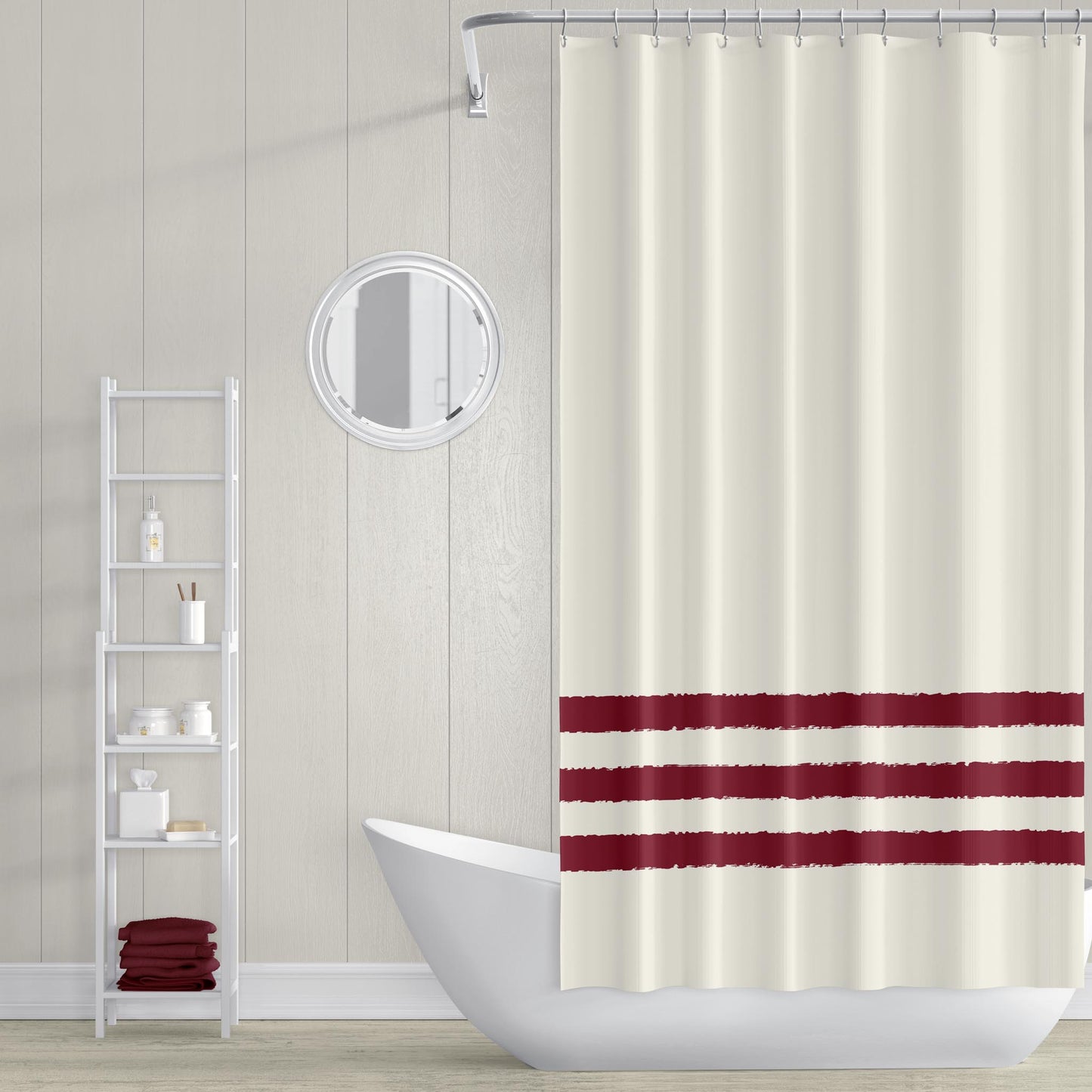 Pale Cream Shower Curtain with Burgundy Red Hand-painted Stripe Print | SC-1283-300