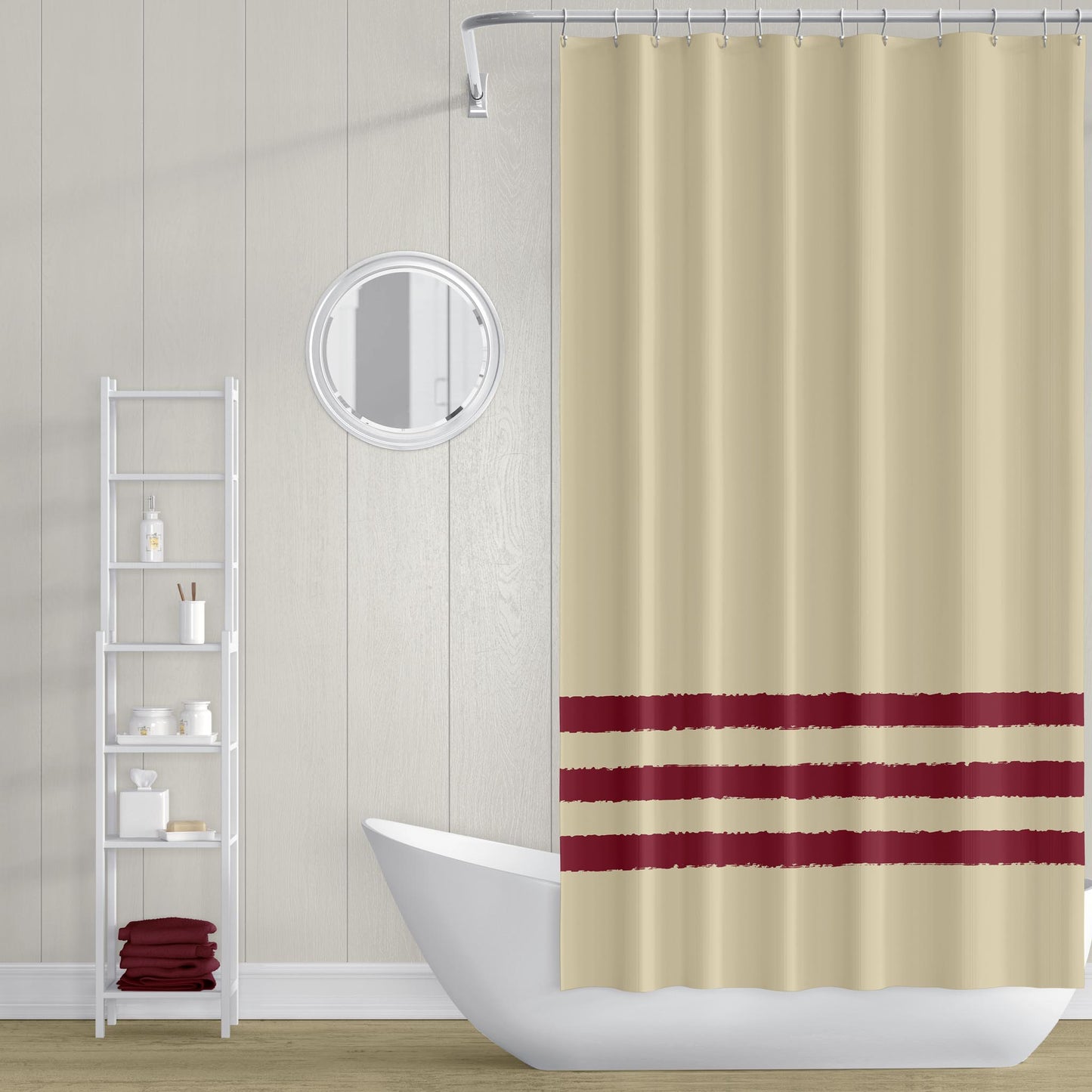 Tan Shower Curtain with Burgundy Red Hand-painted Stripe Print | SC-1284-400