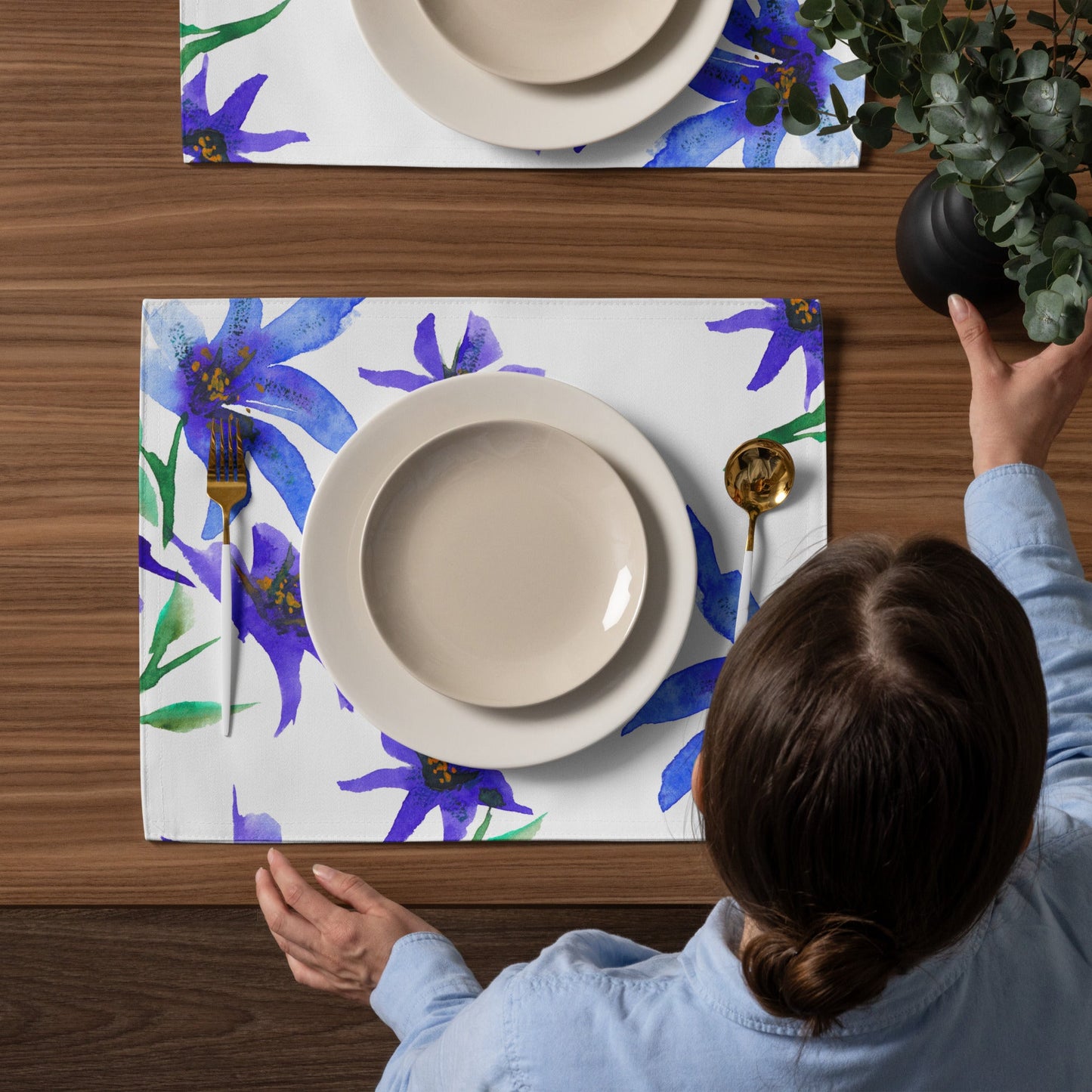 Indigo Bloom — Fine Art Polyester Placemats with Purple Floral Watercolor Print — 4-Pc Set #PSFL-1304