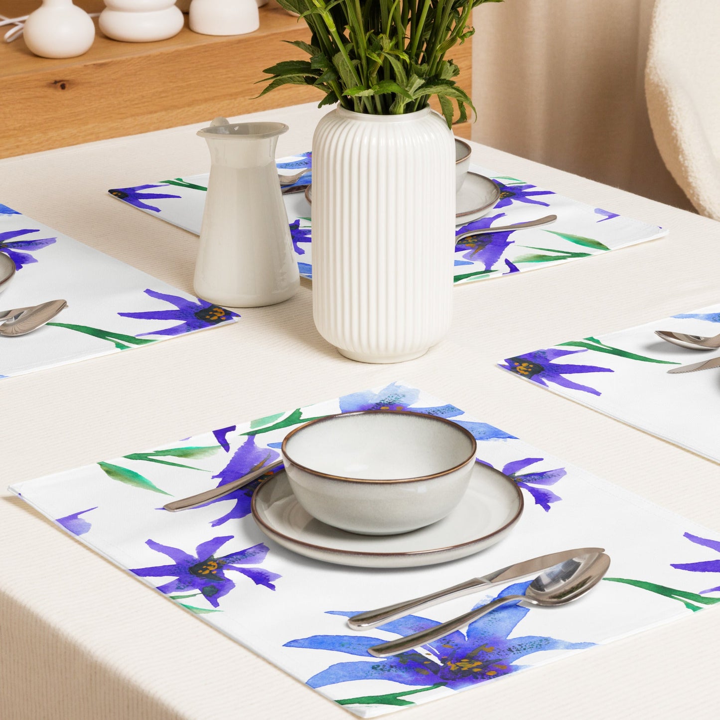 Indigo Bloom — Fine Art Polyester Placemats with Purple Floral Watercolor Print — 4-Pc Set #PSFL-1304